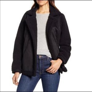Caslon Black Faux Shearling Open Front Notched Lapel Collar Coat Jacket